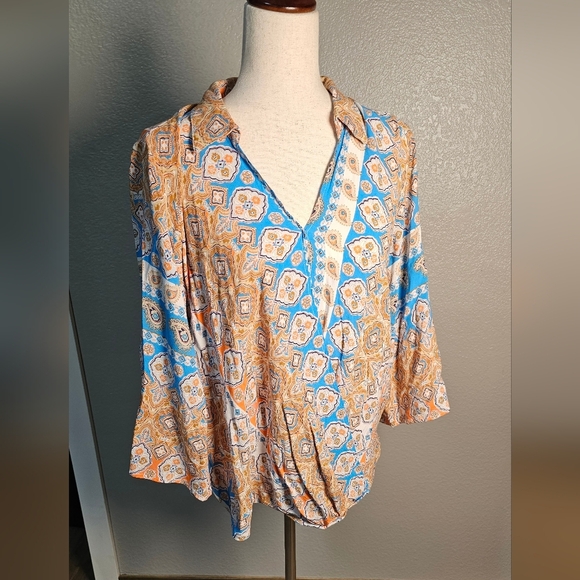 Cato Blue Cream and Tan Paisley Rayon Patterned Women's Blouse Top Size 14 16 - Picture 3 of 10